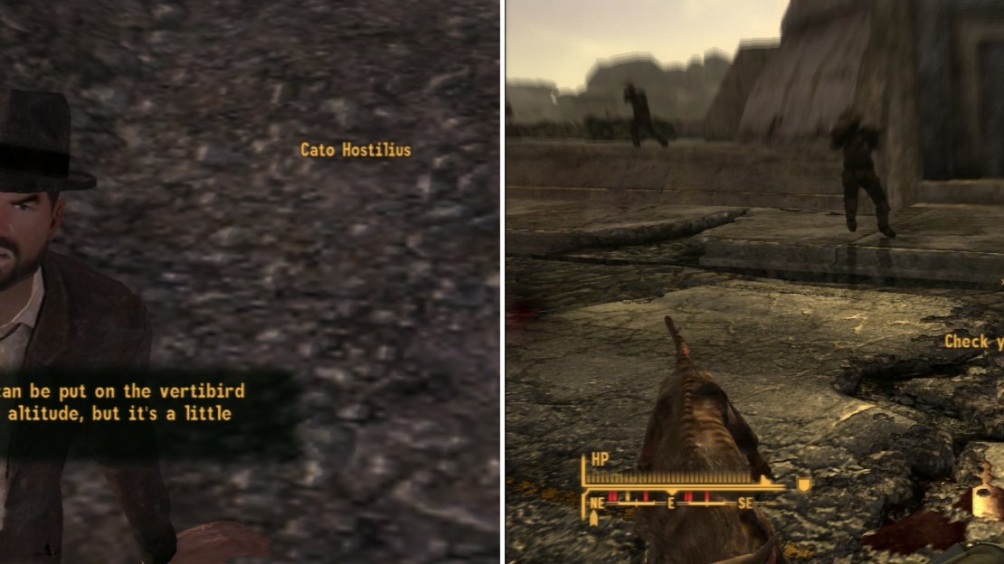 Prove that you’re not incompetent with Explosives and Cato Hostilius will give you a bomb you can plant on the President’s vertibird (left). Whatever you do, stay away from NCR Rangers patrolling around the Hoover Dam (right). Normal NCR Troopers may not see through your disguise, by Rangers will.
