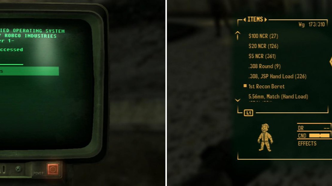 Hacking a Terminal in the Visitor’s Center will allow you to sabotage the flight controls on the President’s vertibird (left). You can alternatively find an Engineer wandering around in here, who can be sneakily killed and looted for their NCR Engineer Jumpsuit (right). This will allow you to reach the President’s Vertibird and plant the bomb on it.