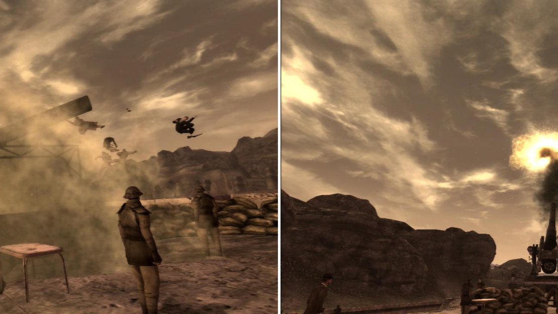 Sabotage the anti-aircraft gun to rig it to explode during the President’s speech (see him flying through the air on the right side of the left photo? That’s one dead bear!) (left). You can also activate the gun, which will cause it to shoot down the President’s vertibird (right).