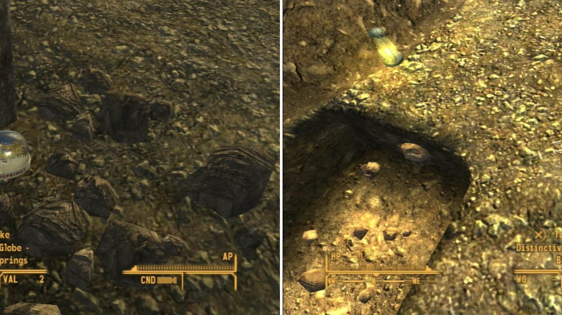 Near a grave you can find the Snow Globe - Goodsprings (left), and near your own grave you’ll find some Distinctive Cigarettes (right)… possibly belonging to the man who shot you?