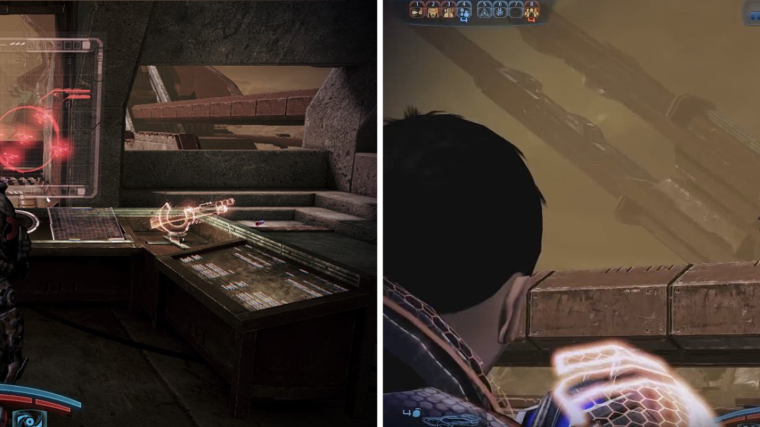Try and activate the control panel only for it to be cut off. You must now restore the power (left). Outside, Cerberus troops will drop in from above (right). You can shoot them before they can jump down.