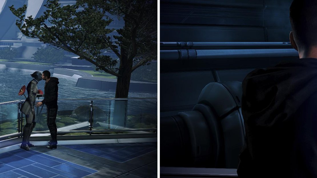 Love is in the air in the Citadel (left). Miranda can be contacted through the Spectre terminal on the Citadel as long as she is alive in your imported save (right).