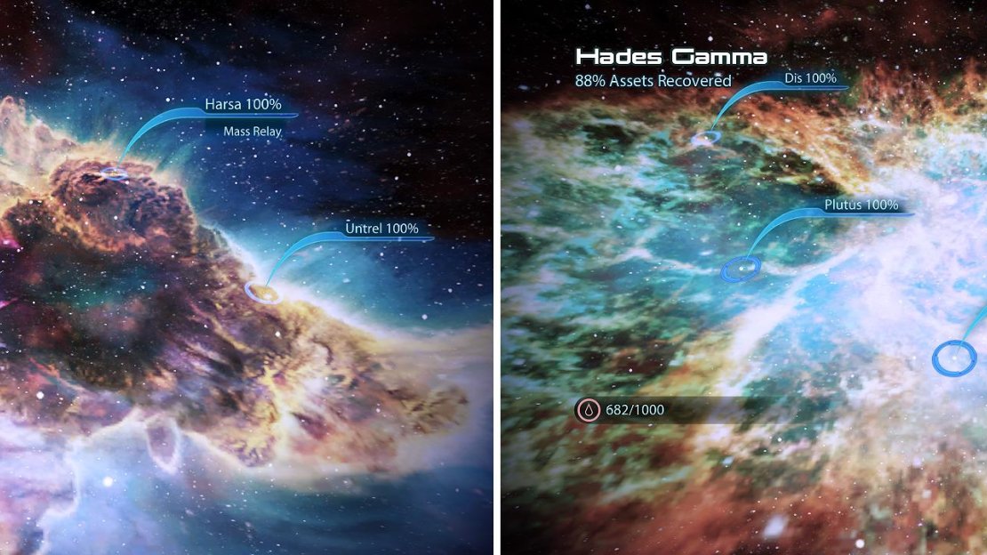 The Kite’s Nest is a large area, holding a plethora of things to uncover (left). The beautiful Hades Gamma is home to some new War Assets and quite a few Credits (right).