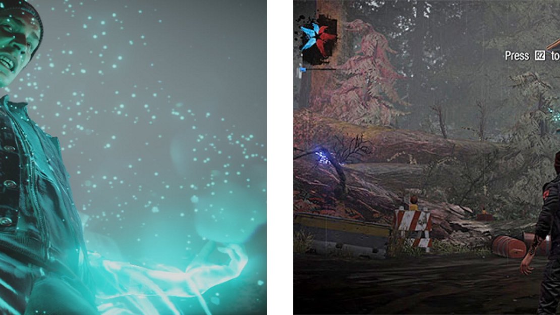 Delsing absorbing the Core Relay (left) and testing his new power on the flying drones (right).