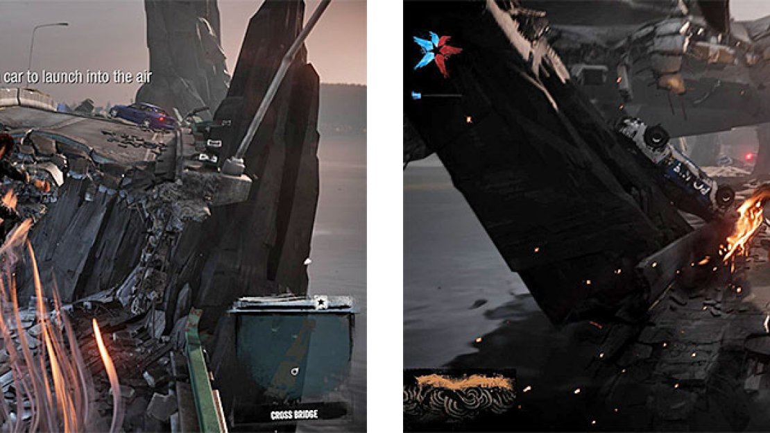 Delsin learns two new abilities while crossing the bridge, like launching from cars (left) and hovering in the air (right).