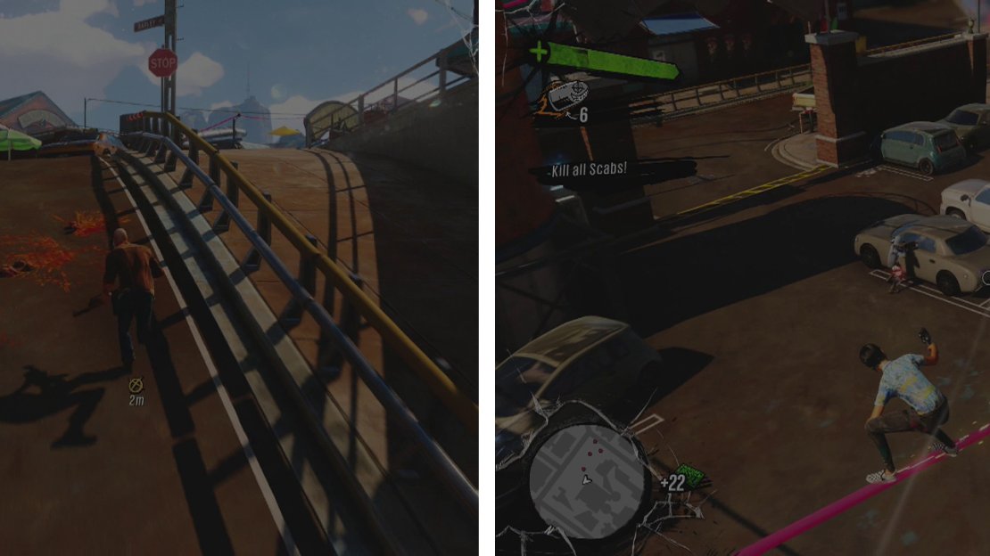 Follow Walter to the Brewery (left). Guard it against the Scabs that show up (right).
