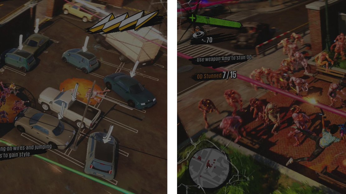 Build your style meter (left) to use Amps. Try out your stun rounds on the OD (right).