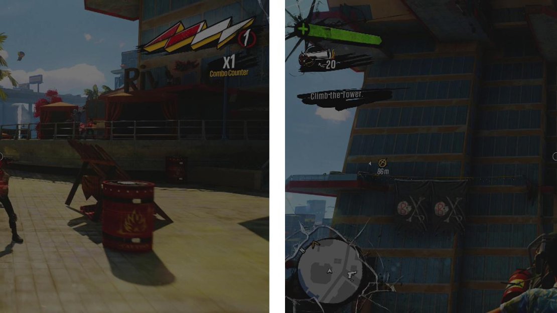 Clear the base of the towers of Scabs (left) and then use the harpoon guns to start climbing (right).