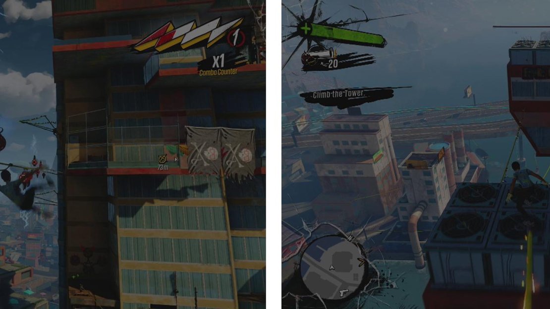 Use a combination of grinding and undergrinding to avoid obstacles on the way up (left). Use the vents to jump the gap when you reach it (right).