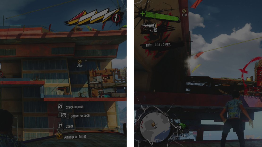 Use the harpoons to access either side of the centre blockage (left) and shoot the explosives to bring it down (right).