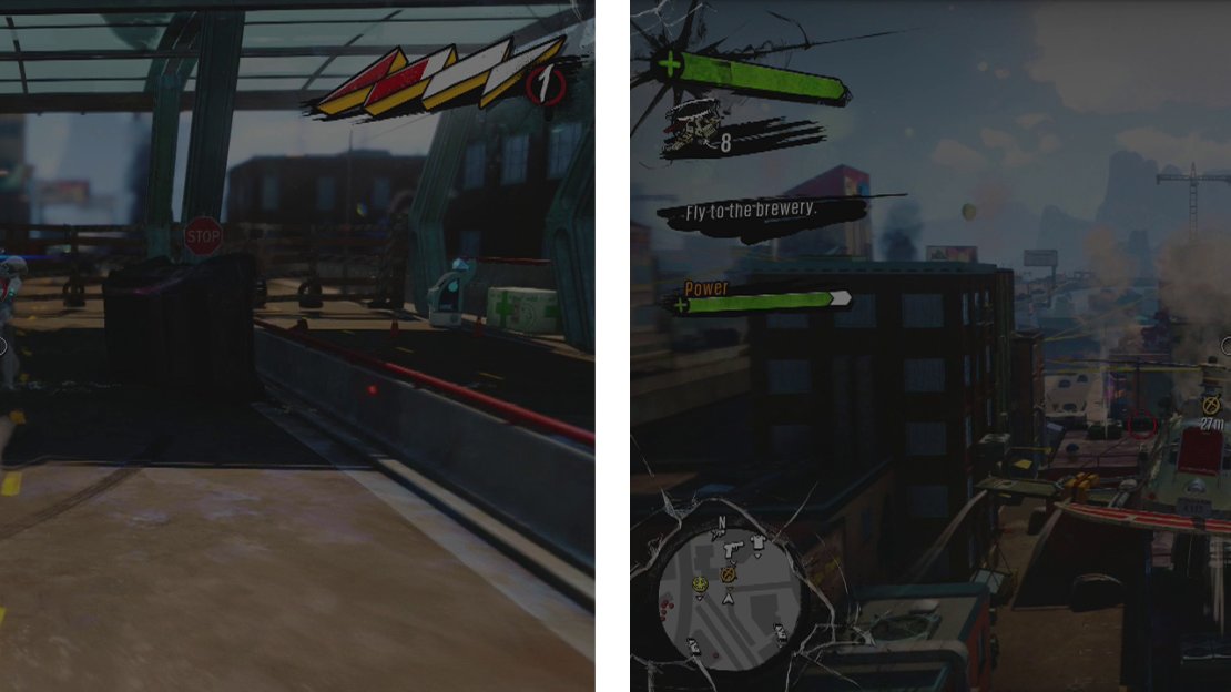 Defend the area against the Fizzco Bots (left) and then fly the Glider when able to do so (right).