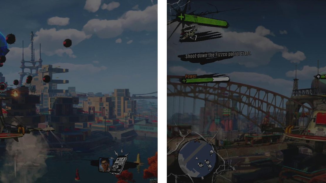 Chase the blimp and destroy or dodge the mines it releases (left). When the blimp’s shield goes down, destroy it (right).