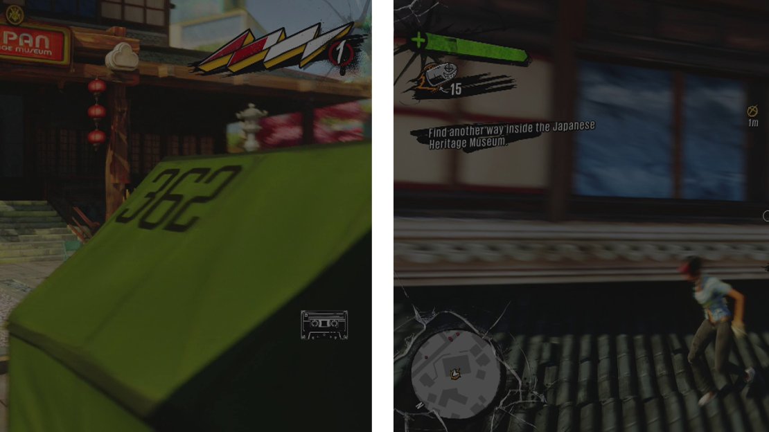 When you arrive at the camp (left). Climb to the roof and interact with the window (right) for a scene.