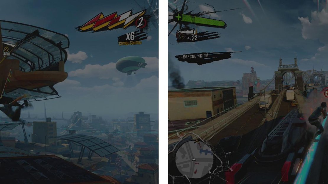 Make your way up to the train station (left) and then follow after the train whilst shooting its thrusters (right) whenever you can.