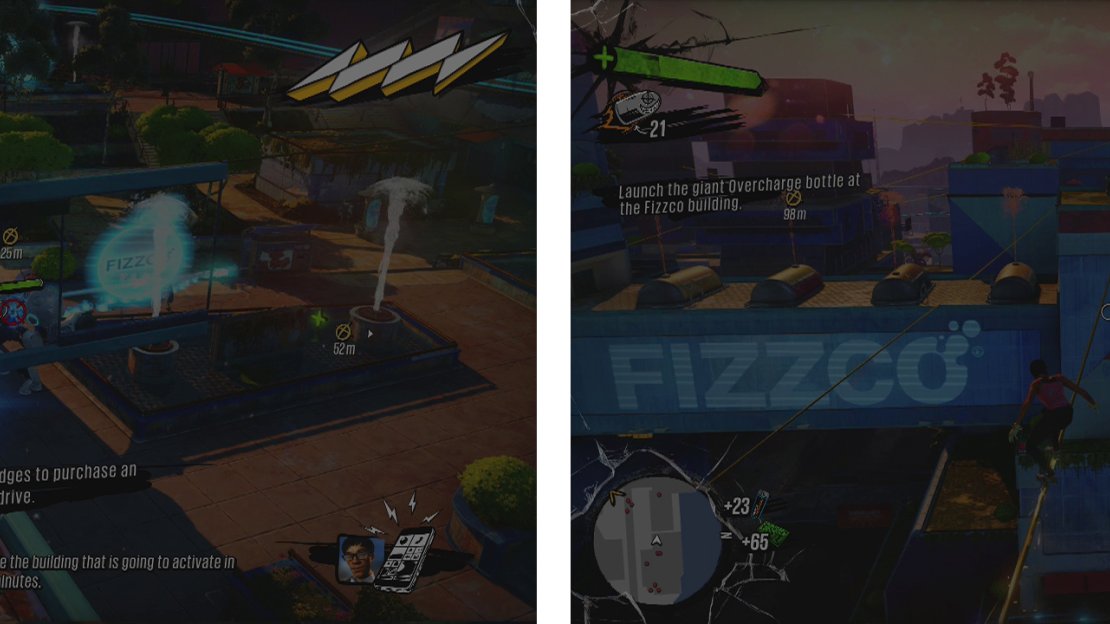 Clear the two Tank Bots that arrive (left) using the rooftops as cover and once they fall, platform your way up the indicated route (right) to the giant bottle.