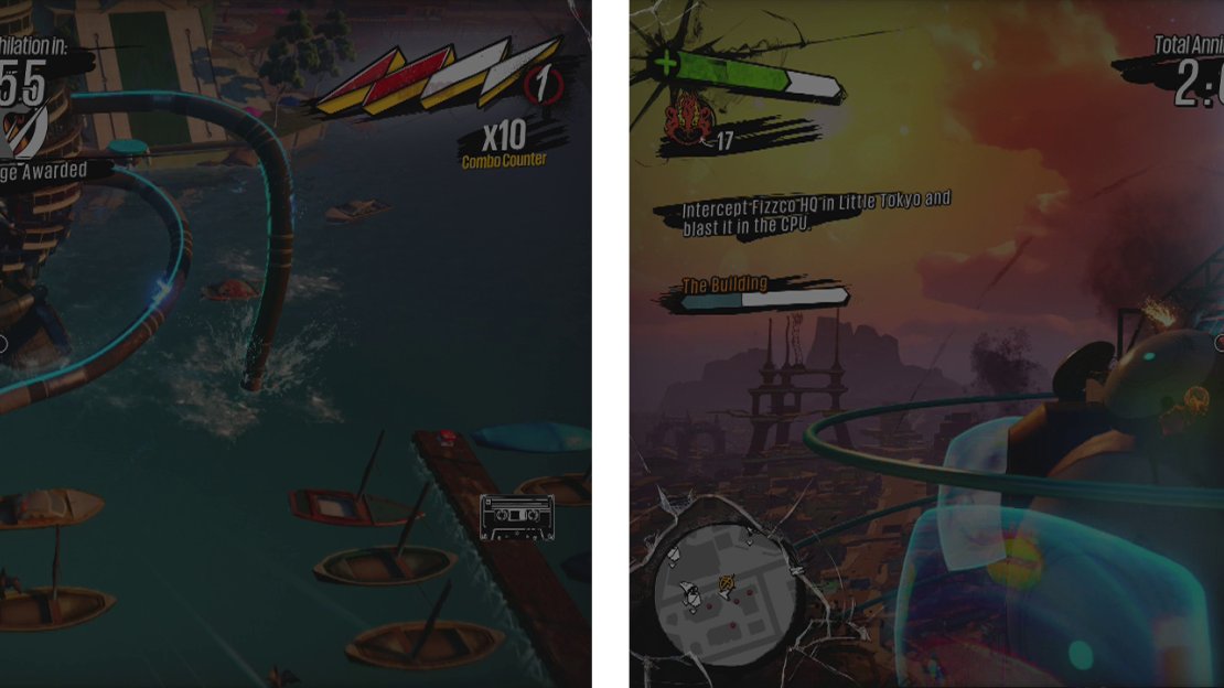 At each location the boss stops, find a way onto the bosses’ tentacles (left) and grind your way to the top to attack the core (right).