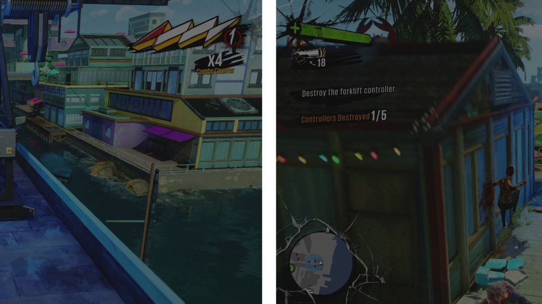 The game will point ou tthe first target for you (left). The second can be found on the back of a forklift (right).
