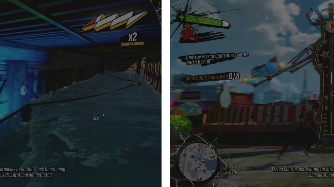 The fifth target (left) is a little tricky, find the rope leading under the dock to reach it. The seventh can be destroyed by dive boming the strength machine (right).