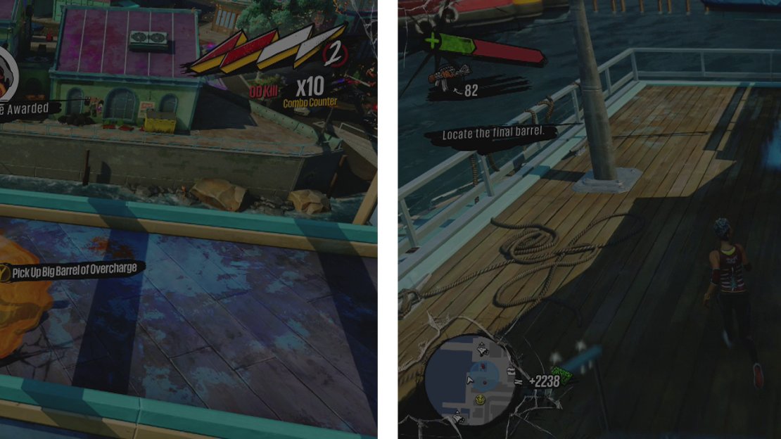 The fourth is on a platform below the train tracks (left). The final barrel is on a small boardwalk (right).