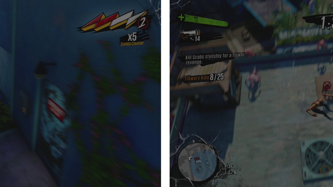 Find the blood stain on the ground for a scne (left). Then hop down to the Scab base and kill them all (right).