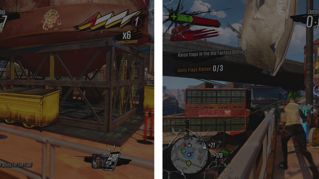 Head up and hit the lever by the flag (left). Then defend it against enemies for 30 seconds (right).