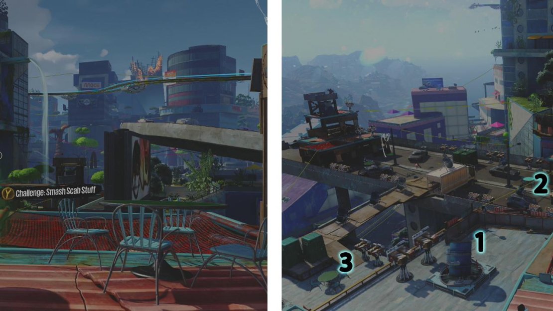 You can begin the challenge here (left). Here is our suggested route of destruction through the area (right).