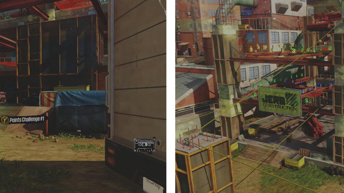Start the challenge here (left). Work your way up the various girders and bounceables to reach the ‘5’s at the top (right).