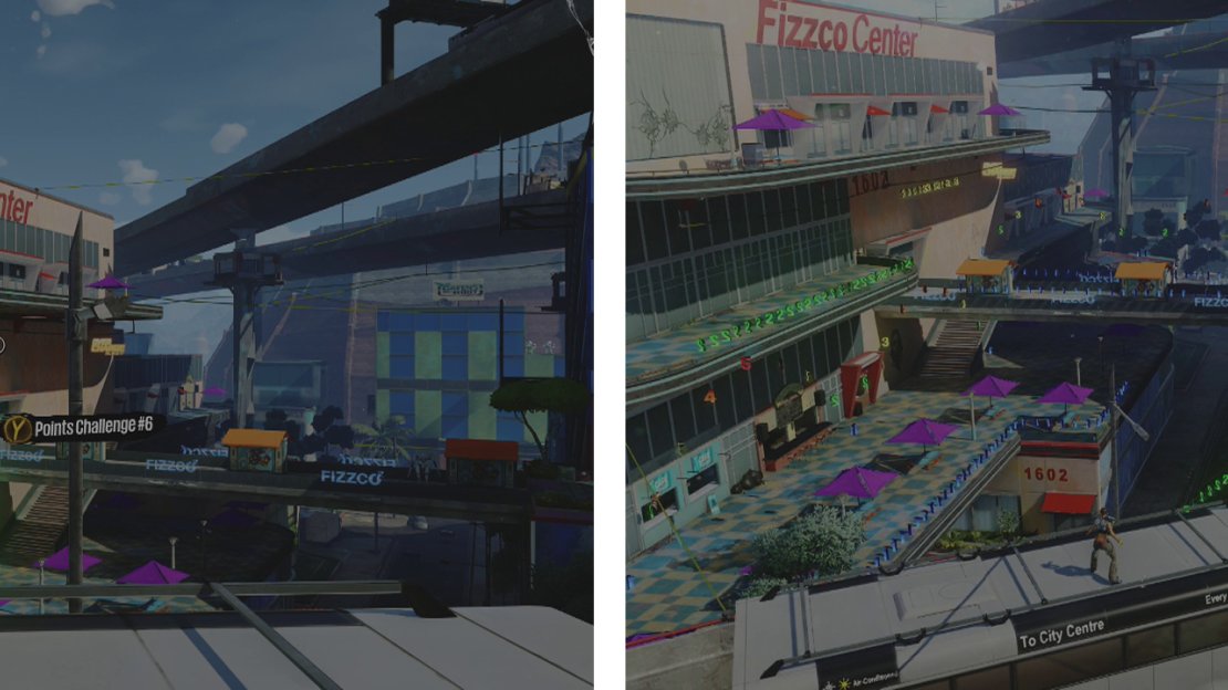 Start the challenge here (left). As the points are spread out, you’ll have to discover an efficient route to colect them all (right).