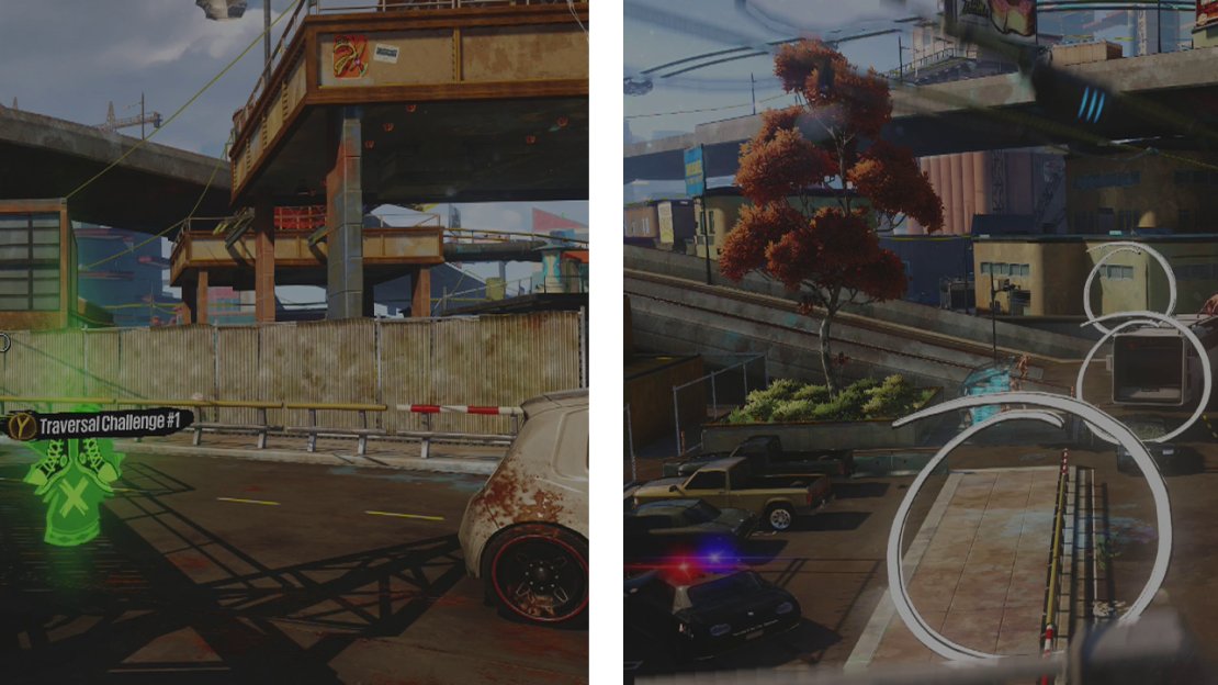 Start the challenge at the icon (left). We’ll have to make our way through the white rings (right).