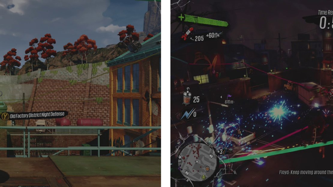 You can begin the challenge at the Valve (left). Grind back and forth on the wires overlooking the carpark whilst defending the barricades (right).