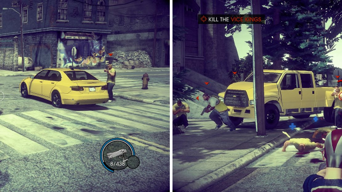 You start off with no weapons, so grab one of the Vice Kings to use as a shield until you can get a gun.