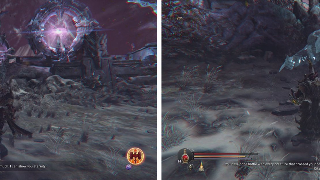 Enter the open area (left) and kill the ghostly versions of the bosses as they appear (right).