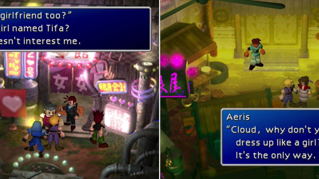 Talk to the perverts outside a bawdy club to learn about Tifa’s whereabouts (left). Seems Cloud’s going to have to adopt a… hilarious disguse to get access to the Don (right).