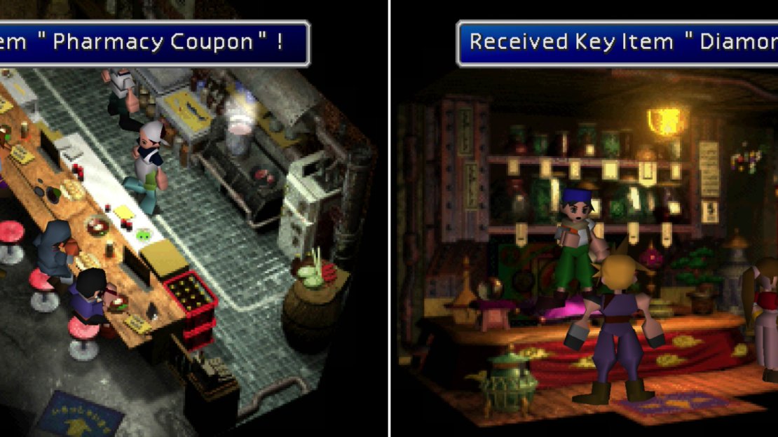 Buy a meal at the restaurant to get a “Pharmacy Coupon”, which can be traded for some useful medicine (left). Depending on what you purchase from the inn’s vending machine, the owner of the Materia shop will give you a tiara (right).