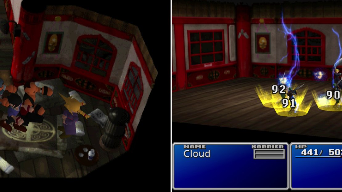 Corneo’s lackies will try to seduce Cloud-in-drag by using the infamous mummy pick-up technique (left). Unfortunately, Cloud will slip his disguise and fight off his suitors (right).
