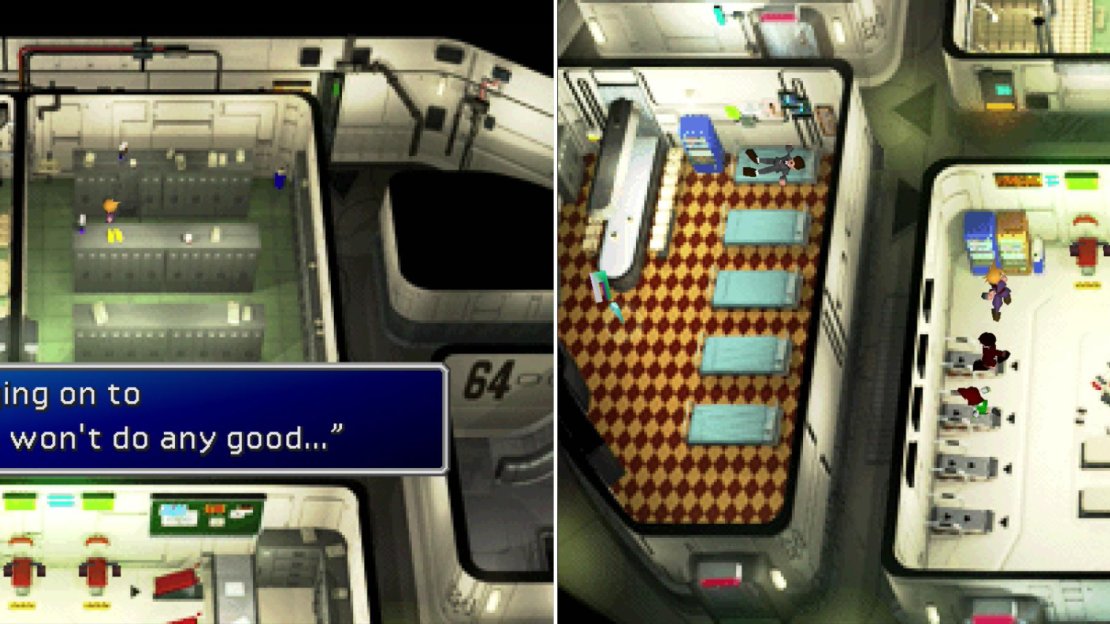 Cloud, in his ignorance, ends up leaving behind one of the most powerful weapons in the game (left). What a dink… If you assault the vending machine now, you can harvest it for some goodies much, much later (right).