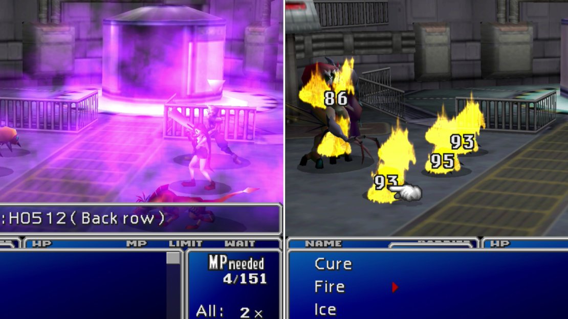Sample HO512’s “Shady Breath” attack can poison the entire party if they’re not protect with a Star Pendant or Elemental Materia (left). Using magic to strike all your foes - or to harm Sample HO512 while bypassing its undelrings - is a good idea (right).