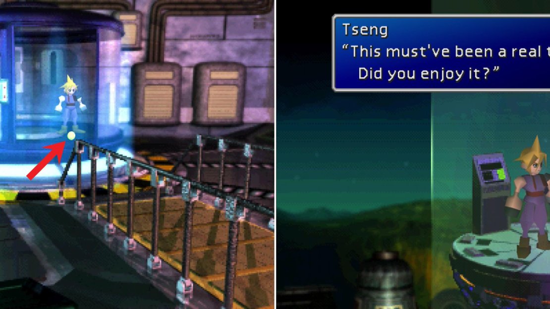 Be sure to grab the Enemy Skill Materia! You see that big red arrow there? I did that just for you! Grab it! (left). Your trip further up the building will side-tracked by an unwelcome visit by the Turks (right).