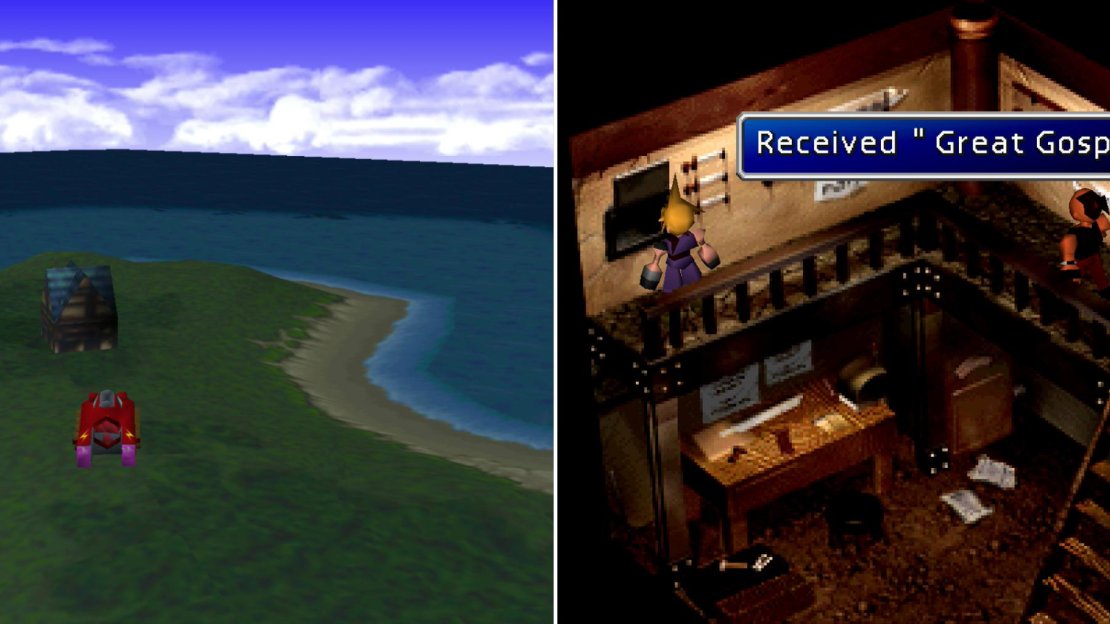 Head over to the isolated house near Gongaga (left) and trade the Mythril you got from the sleeping miner in for the Great Gospel; Aeris’s ultimate Limit Break (right).