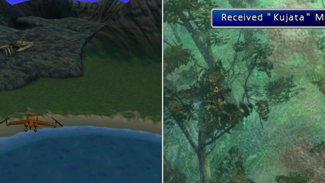 Sail to the northern continent on the Tiny Bronco (left) and grab the Kujata Materia floating around in the Sleeping Forest (right).