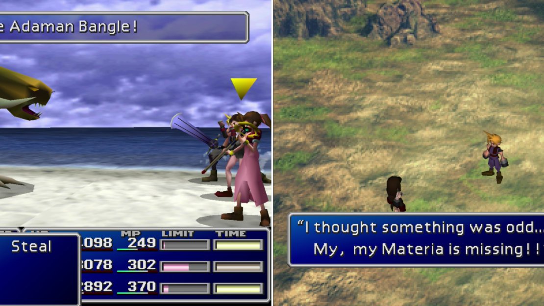 Learn the “Death Force” Enemy Skill from the Adamantaimai that prowl along Wutai’s beaches (left). After encountering some Shinra troops, the party will discover that Yuffie made off with some of their belongings (right).