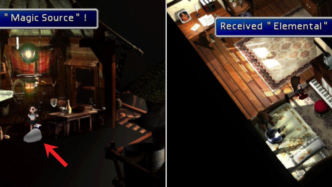 Search the item shop in Cosmo Canyon to score a Magic Source and the Full Cure Materia (left). If you “jammed on” Tifa’s piano earlier in the game, you can search her piano again to recieve a piece of Elemental Materia (right).