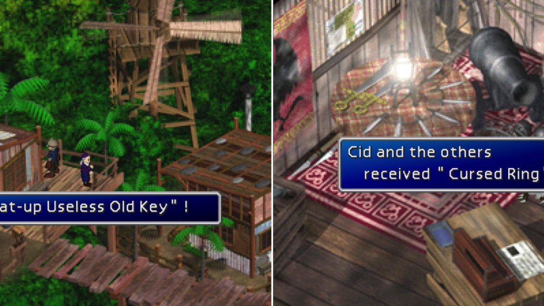 Find the “Beat-up Useless Old Key” near the accessory shop (left) then try to open the “locked” door in the weapon shop to get the Cursed Ring (right).