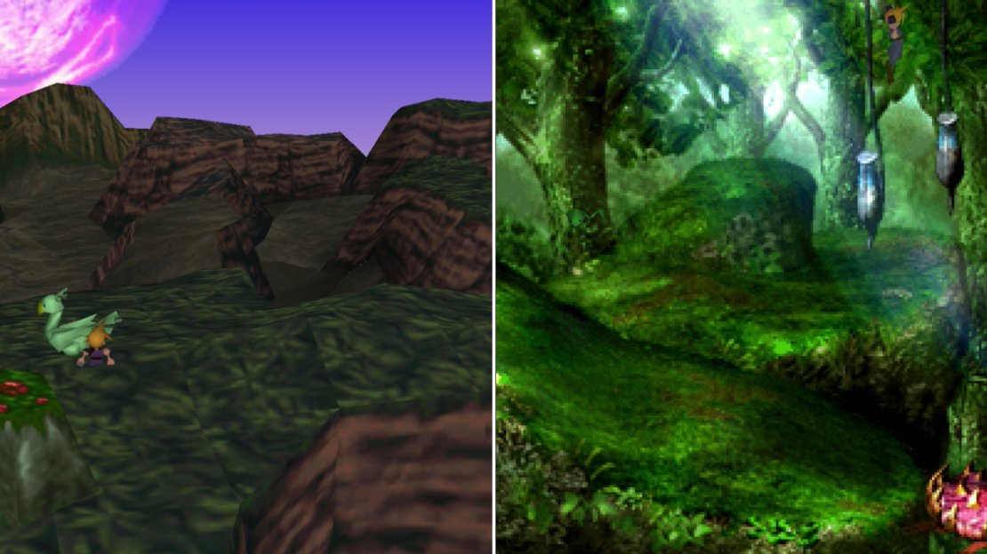 With a Green Chocobo you can find the Ancient Forest on jungle-covered high ground near Cosmo Canyon (left). Toss bugs or frogs in pitcher plants to create platforms you can use to navigate through the forest (right).