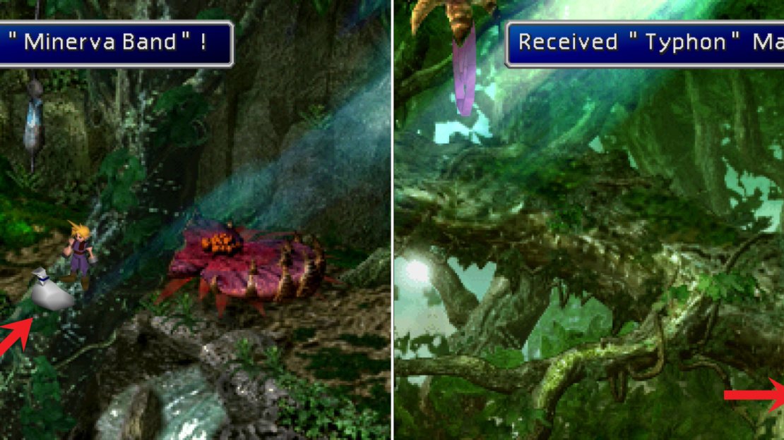 Climb down the branches of the large tree to score a Minerva Band, one of the best pieces of armor in the game (left). In the copse of the tree you can use several tongue plants to reach some Typhon Materia (right).