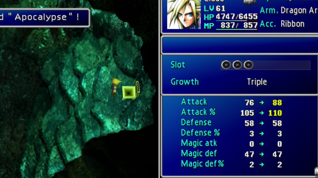 At the end of the Ancient Forest you’ll find Apocalypse in a chest (left), one of the strongest weapons for Cloud in the game, and one of the best AP boosting weapons (right).