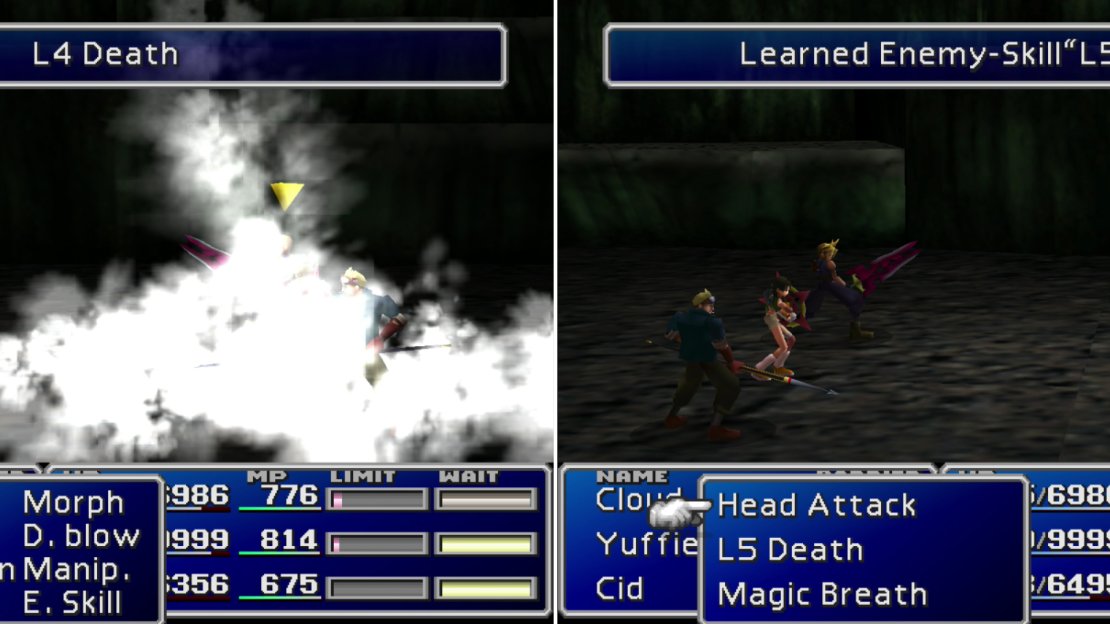 Gargoyles will cast “L4 Death” as a final attack before they die (left), be sure to protect yourself with “Death Force”. You can learn the “L5 Death” and “Magic Breath” Enemy Skills from Parasites (right).
