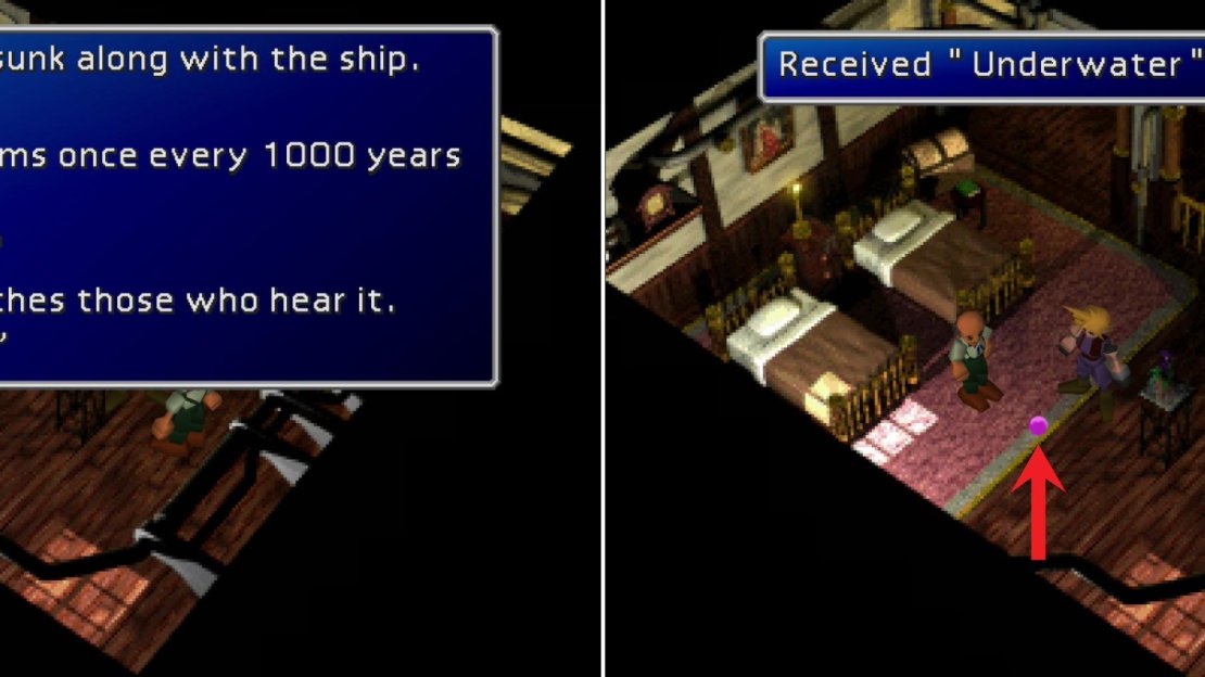 The old man in Kalm will you about some items he needs to begin a pilgrimage. Items he’ll reward you greatly for (left). Give him a Guidebook to optain some Underwater Materia, which will remove the timer from the fight with Emerald Weapon (right).