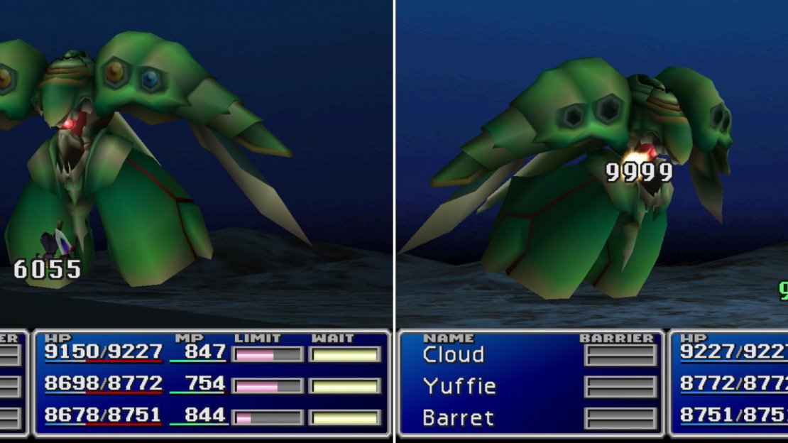 Emerald Weapon is on another level than Diamond and Ultimate Weapon were, expect to take thousands of damage from its basic attacks (left). Counter Materia, Mime Materia, Double Cut Materia and HP Absorb Materia can be combined to devastating effect (right).
