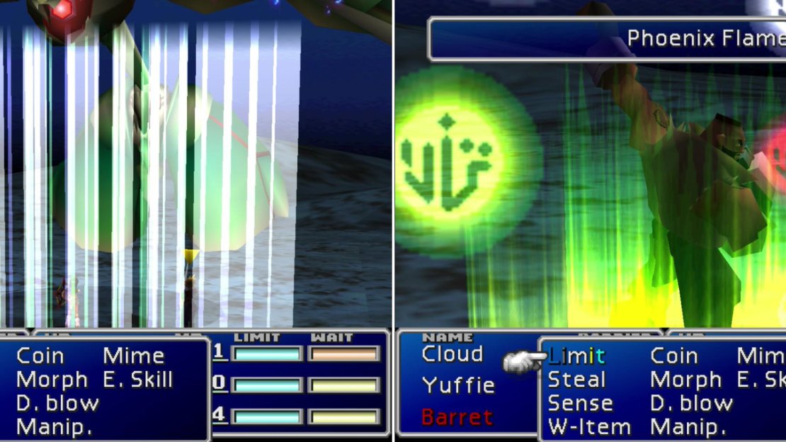 Emerald Weapon’s Aire Tam Storm is easily its most dangerous attack, dealing 1111 damage per piece of Materia a character has equipped (left). Having Phoenix + Final Attack Materia equipped will revive the party in case they get wiped out (right).